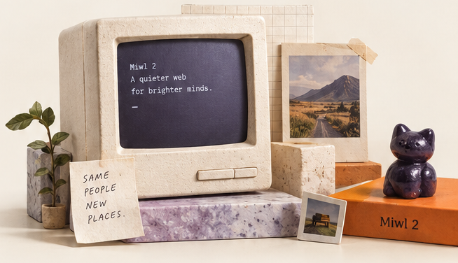 Illustrative cream desktop computer on a lavender plinth, with a plant, photographs, and a small purple cat. Concept artwork, not an app screenshot.
